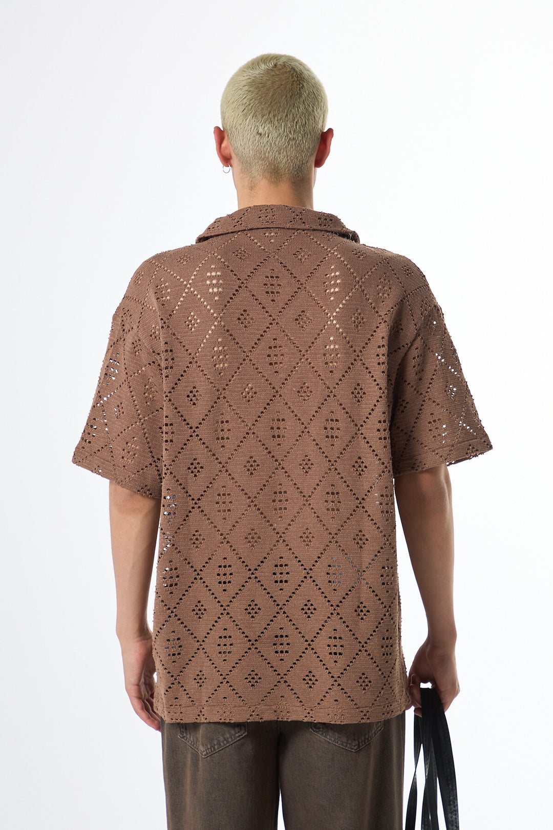 VAMOS TEXTURED CROCHET OVERSIZED SHIRT IN BROWN