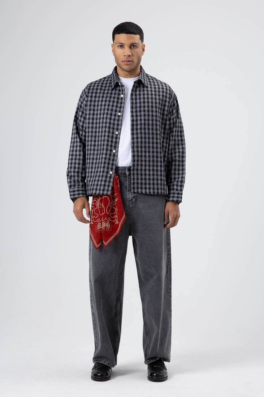 Essence of Life Check Embroidery Cropped Detail Overshirt in Black