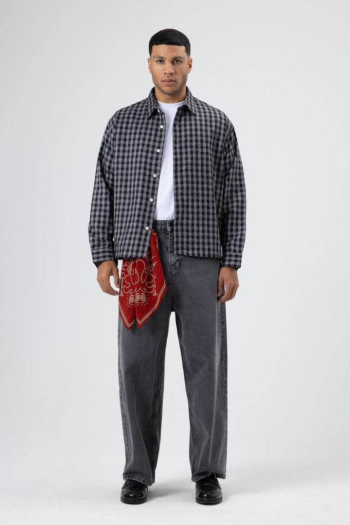 Essence of Life Check Embroidery Cropped Detail Overshirt in Black