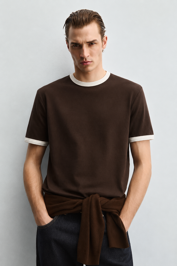 Vamos Contrast Collar Oversized T-shirt in Brown