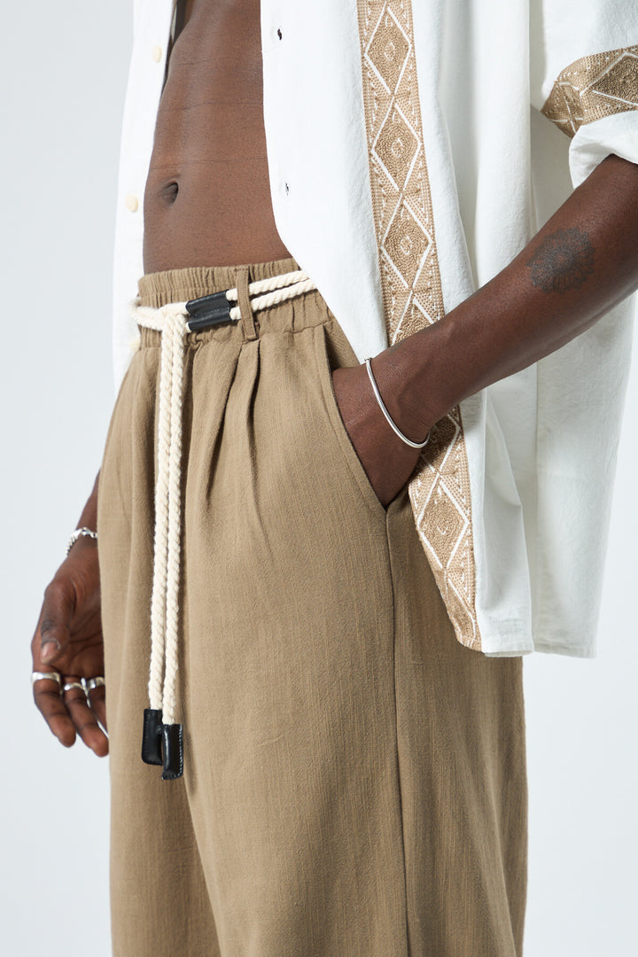 SPRUCE BELT DETAILED OVERSIZE LINEN TROUSERS COFFEE