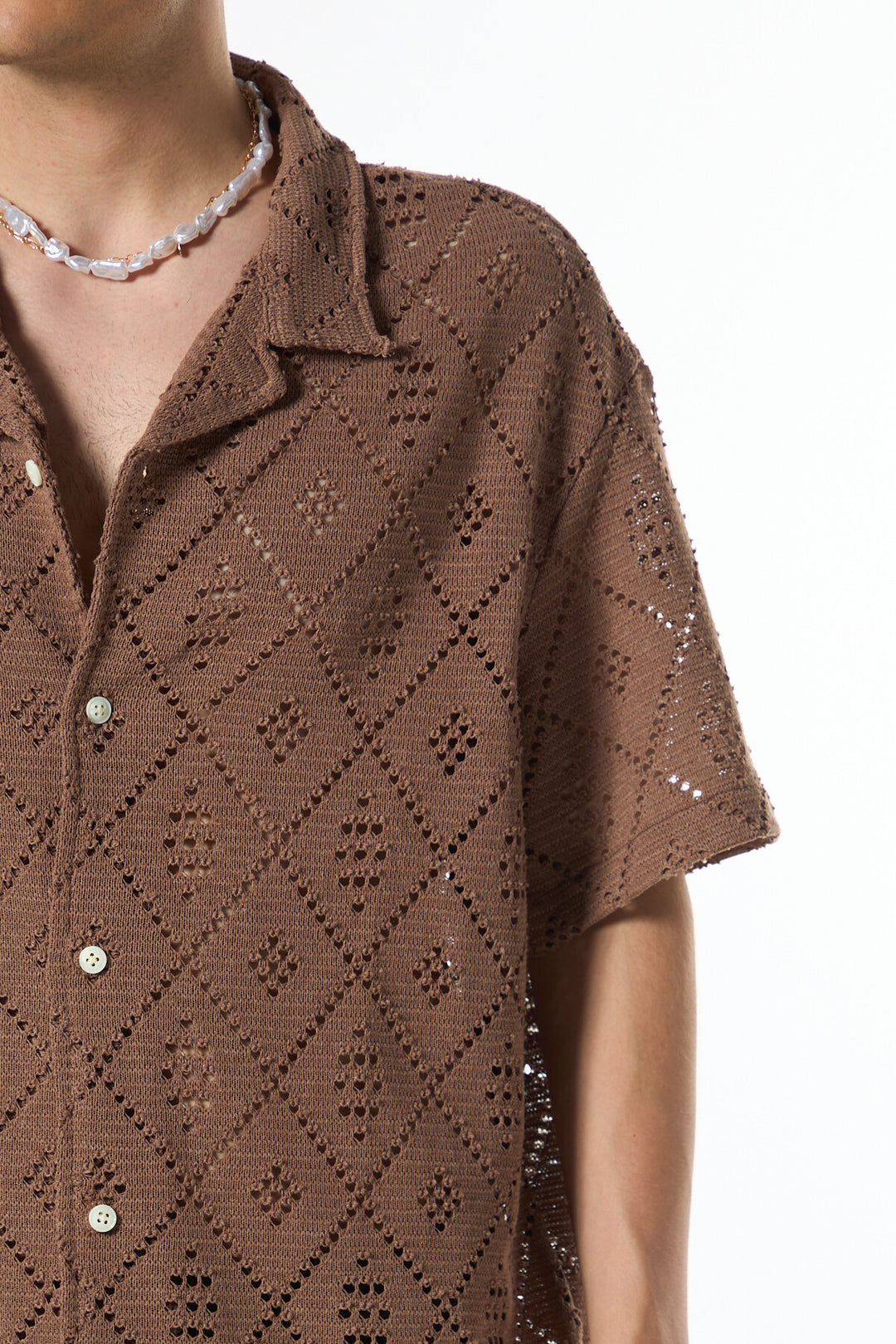 VAMOS TEXTURED CROCHET OVERSIZED SHIRT IN BROWN