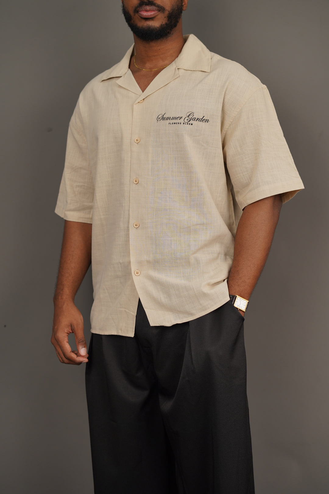 Maksim Summer Garden Linen Short Sleeve shirt in Sand