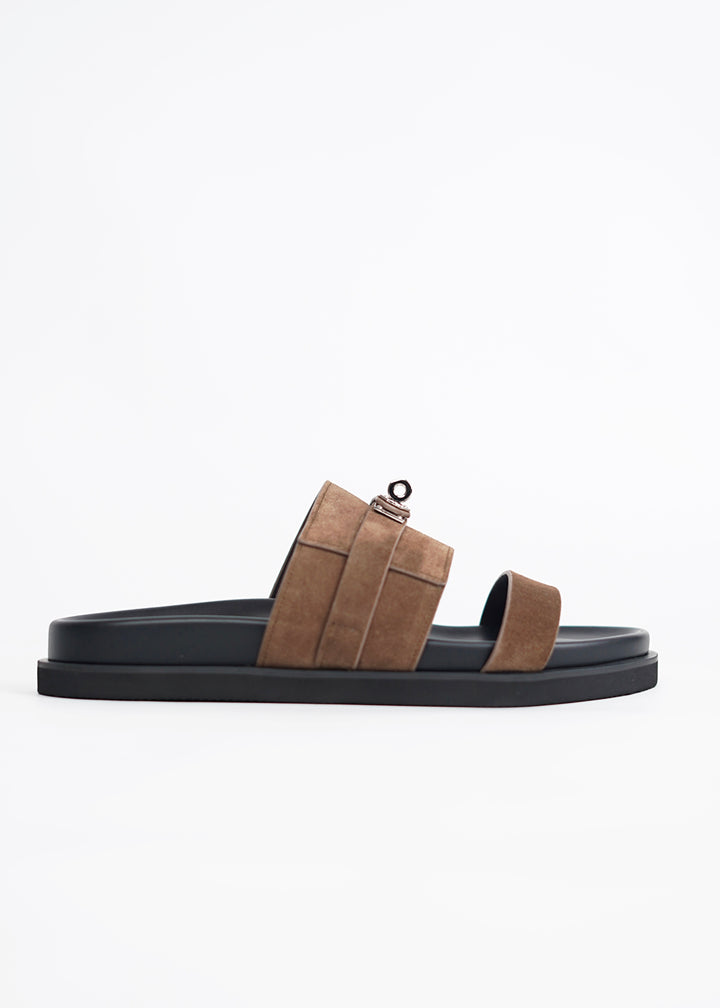 Garm Island Suede Strap Slide Sandals in Brown
