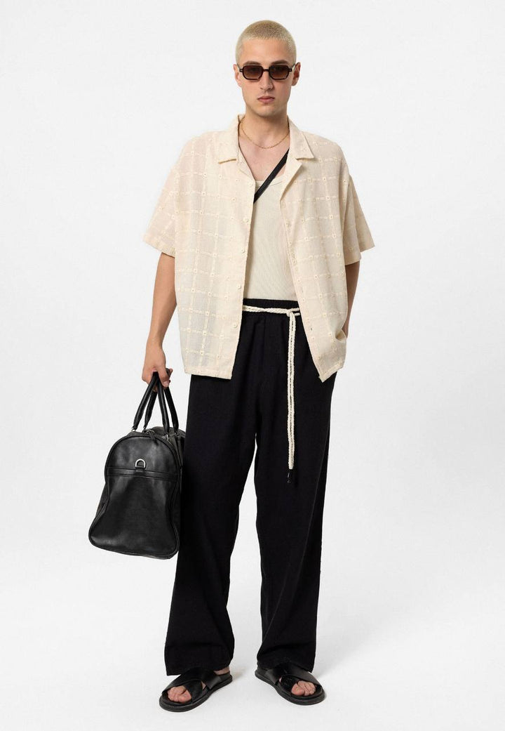 SPRUCE BELT DETAILED OVERSIZE LINEN TROUSERS BLACK