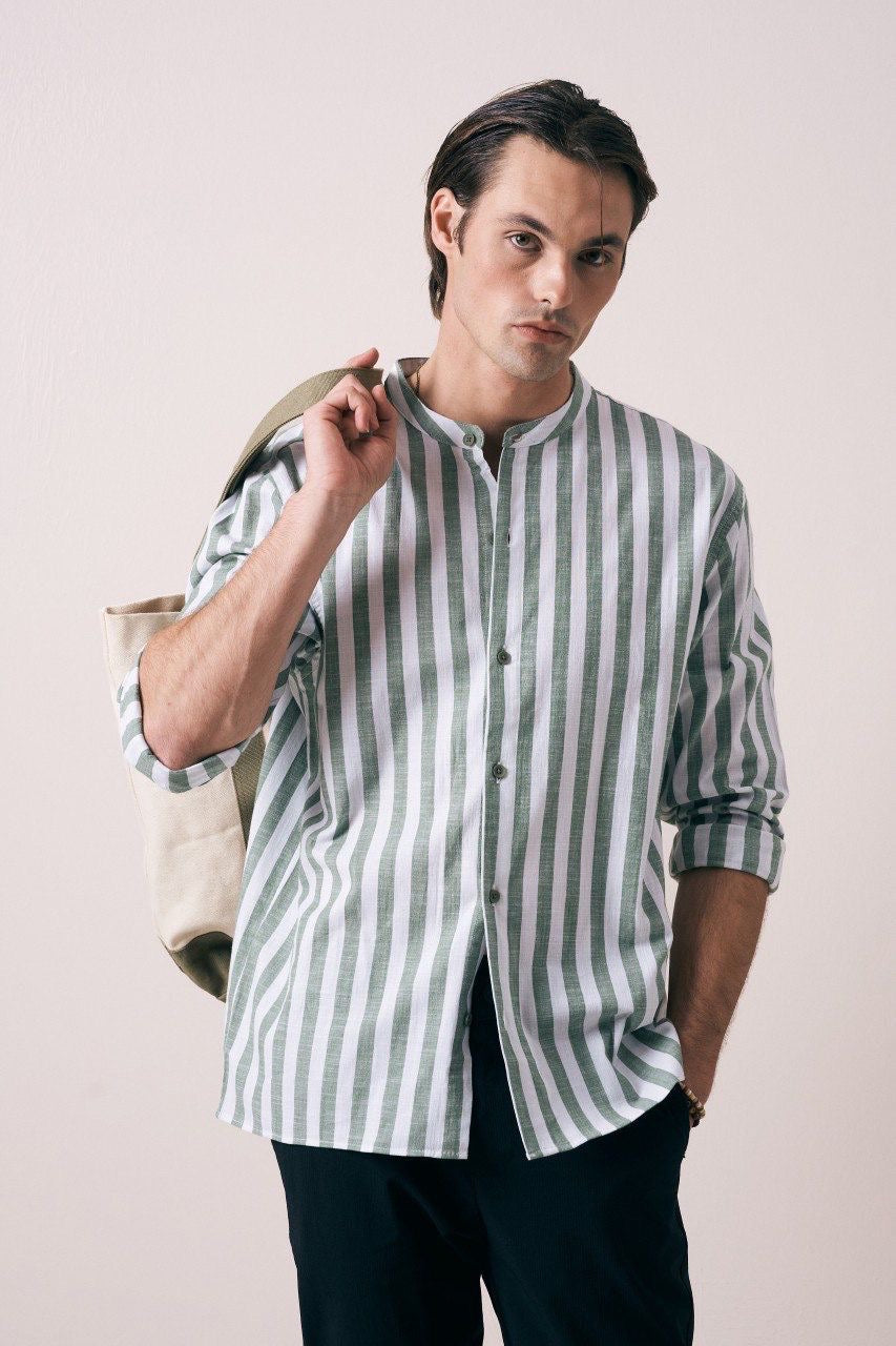Massimo striped tab collar in green