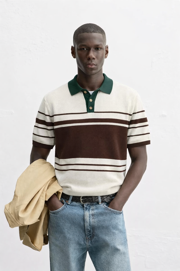 Garm Island Oversized Textured Knit Polo Shirt in brown/white