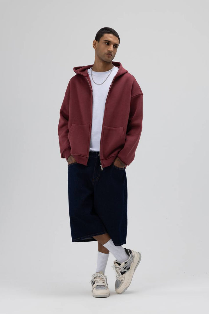 Essence of Life Heavyweight Zip through Hoodie in Burgundy