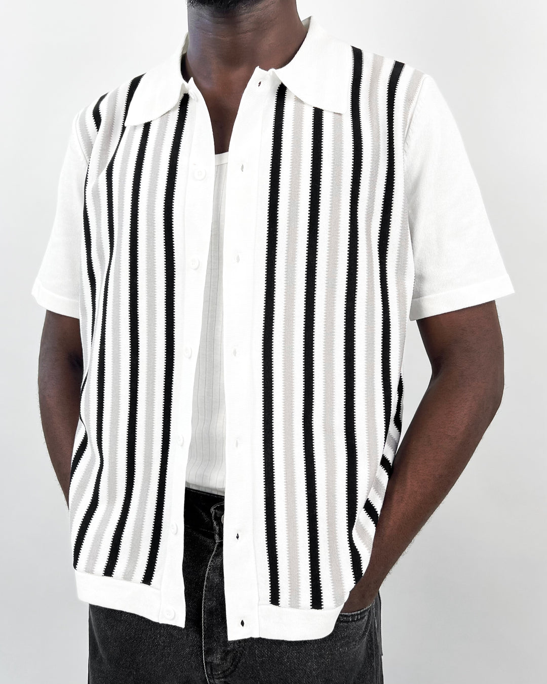 Pinstripe Knit Polo Shirt in white