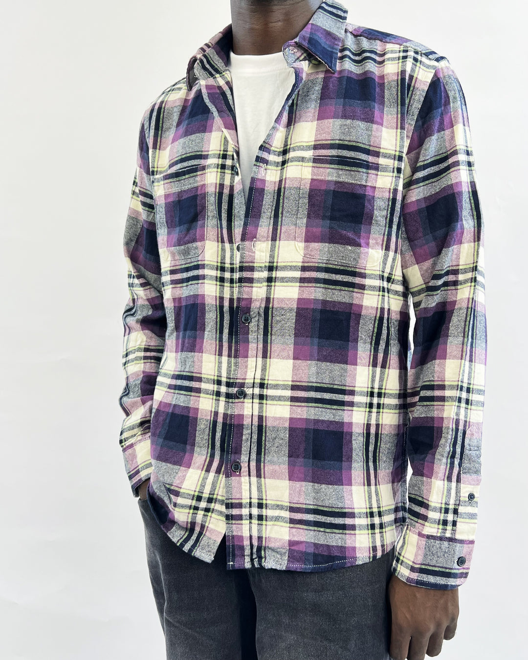 Colin’s plaid shirt in purple