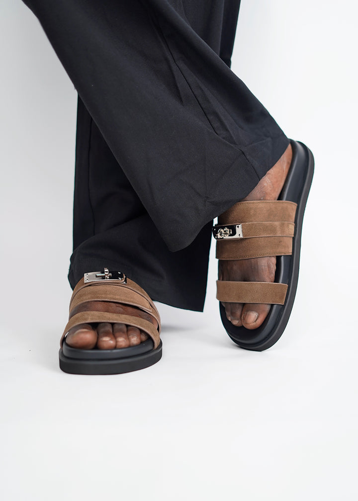 Garm Island Suede Strap Slide Sandals in Brown