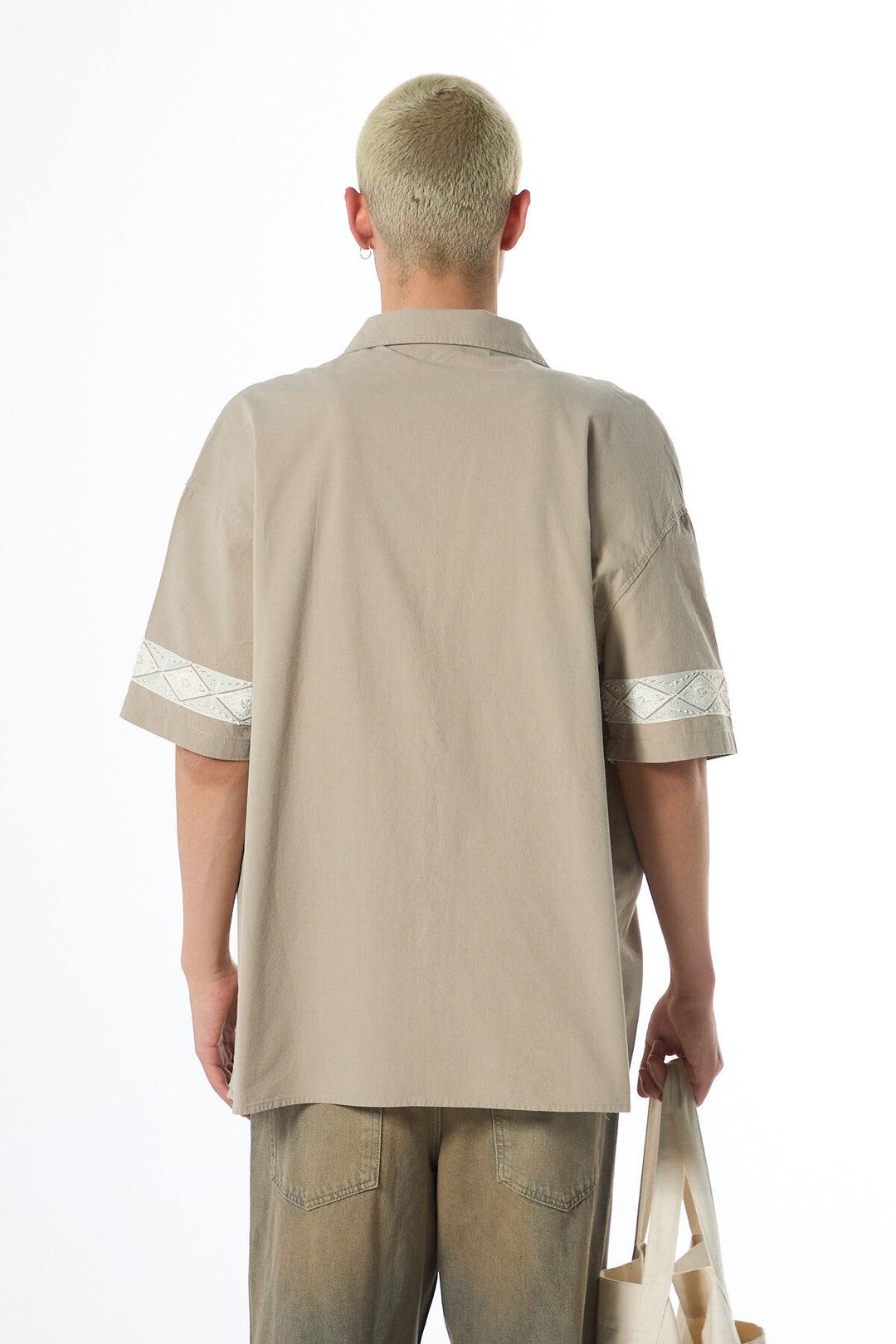 Vamos Embroidered Detailed Oversized Linen Shirt in Mink