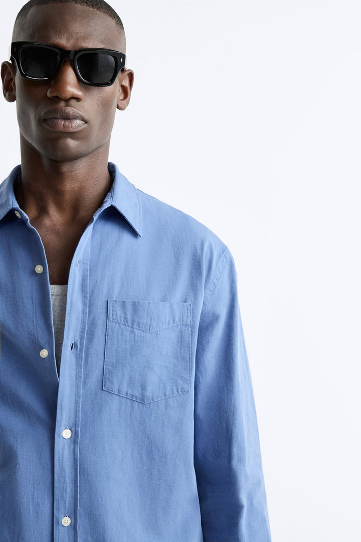 ZARA COTTON-LINEN OVERSHIRT IN SKY BLUE
