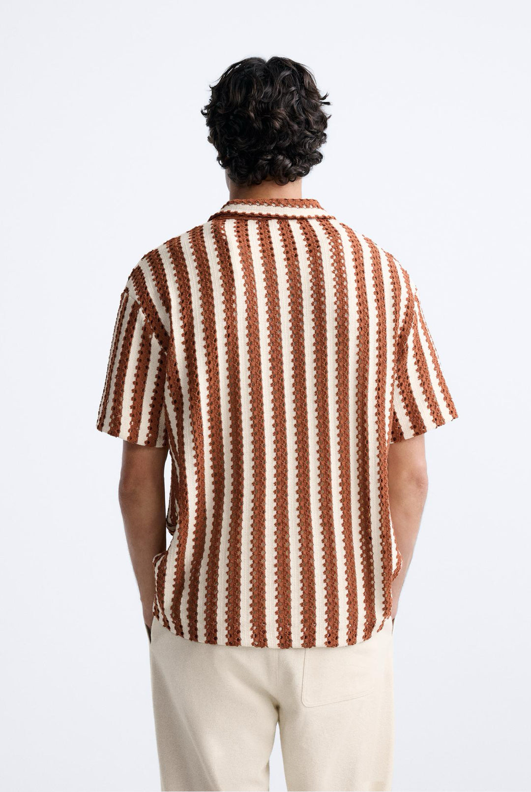 ZARA STRIPED TEXTURED POLO SHIRT ECRU/MAROON