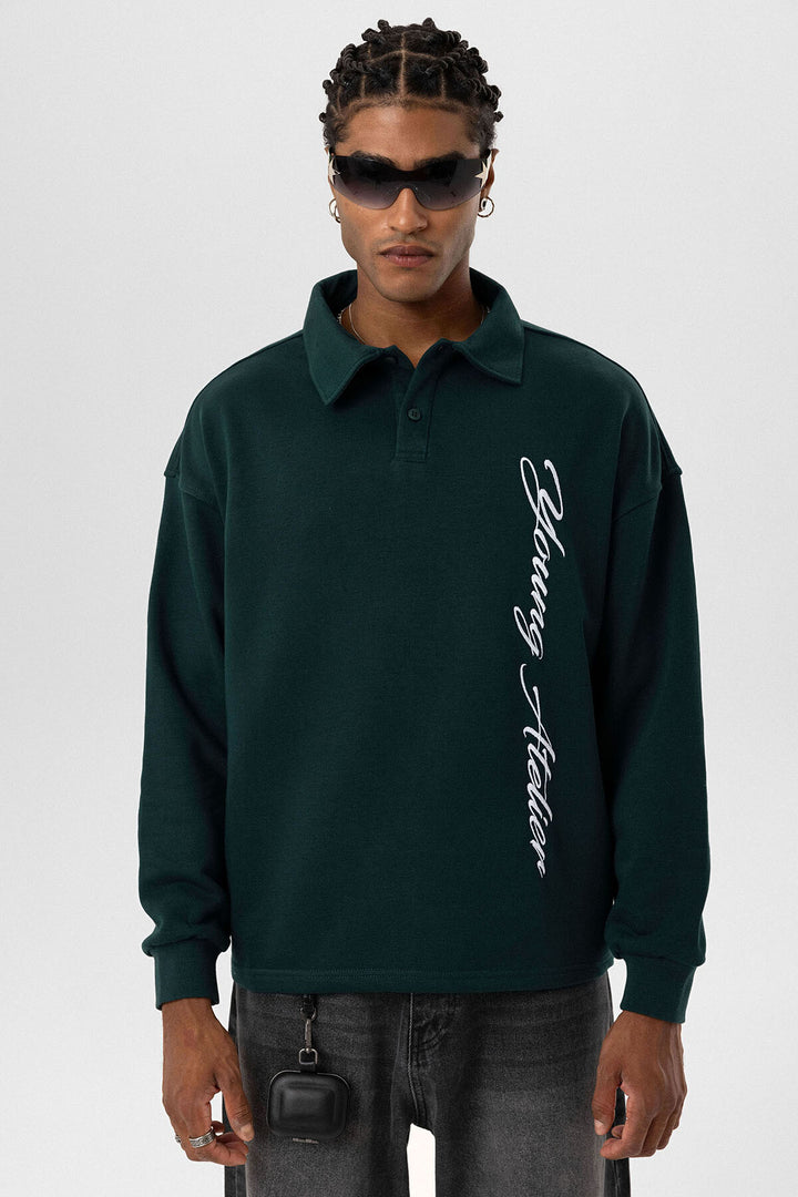 VAMOS POLO COLLAR LETTER DETAILED OVERSIZE SWEATSHIRT GREEN