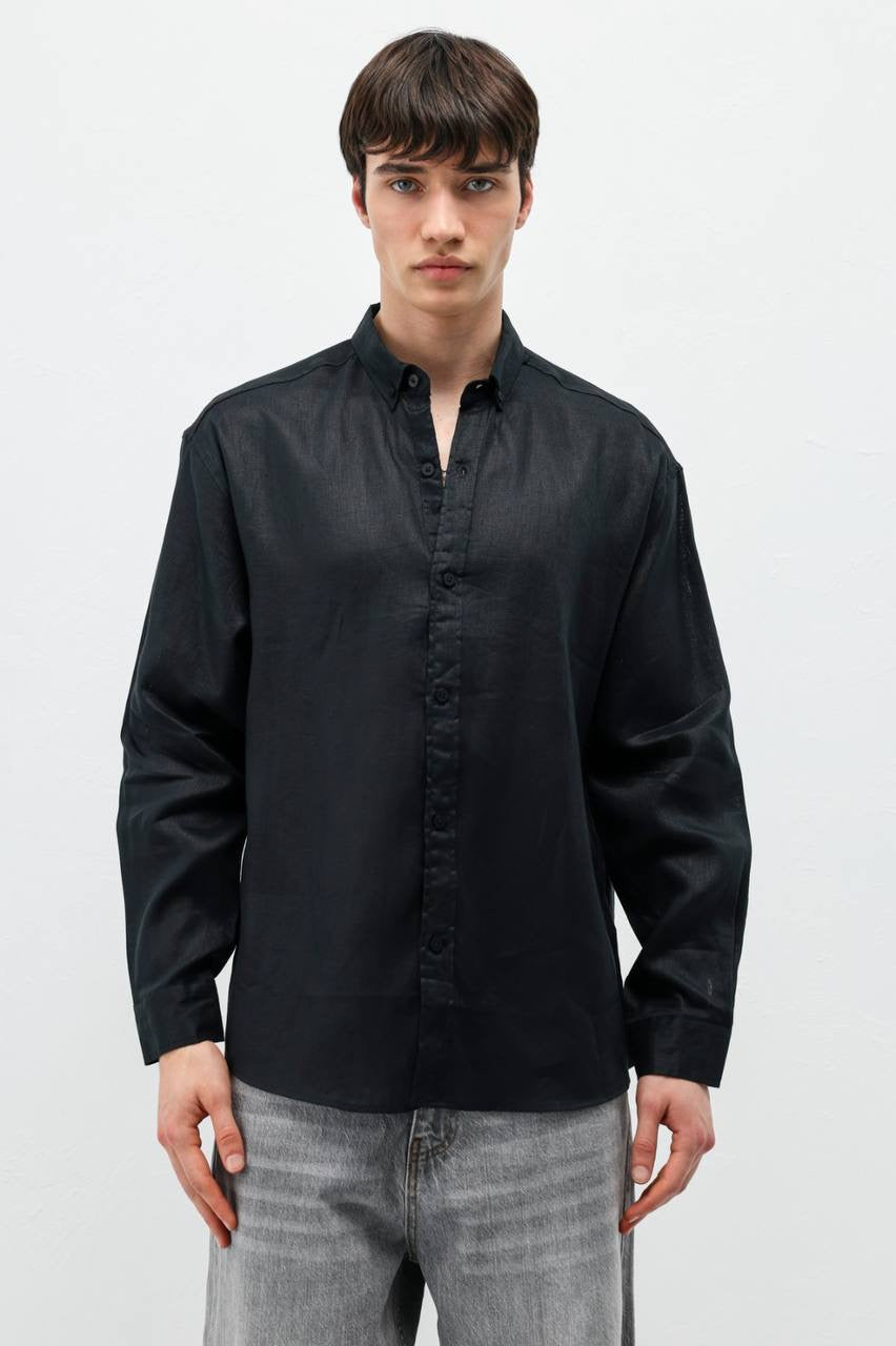 Vamos 100% Linen Oxford Shirt in black