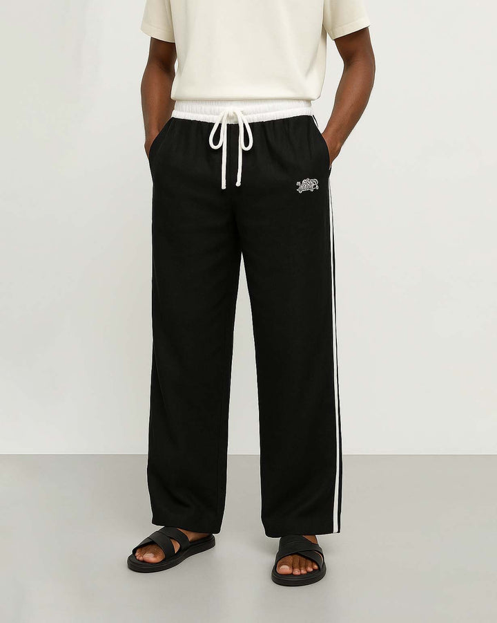 Giesto Embroidered Double Toned Linen Pants in Black