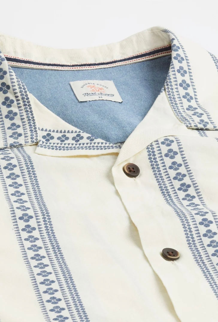 Next Ecru/Blue Textured Short Sleeve Stripe Shirt With Cuban Collar