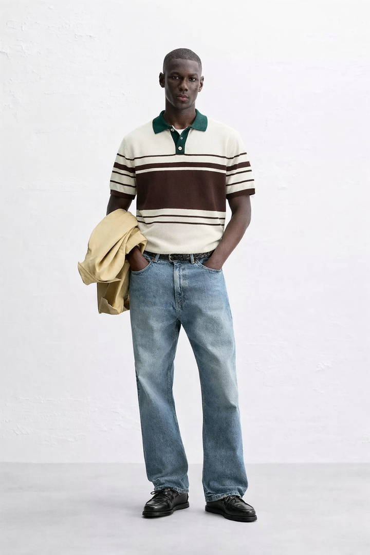 Garm Island Oversized Textured Knit Polo Shirt in brown/white