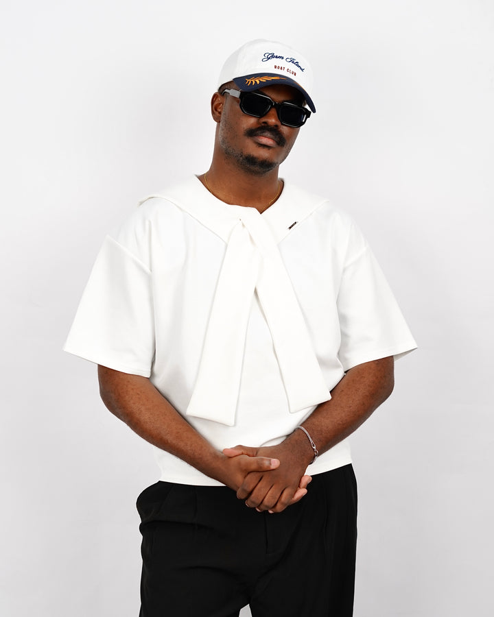 M Studio Ribbon Bow Neck Polo Shirt in White