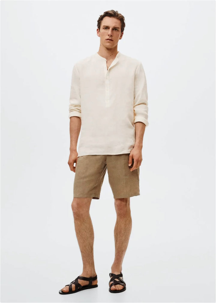 Retro Club Linen Tab Collar Long Sleeve T-shirt in off white