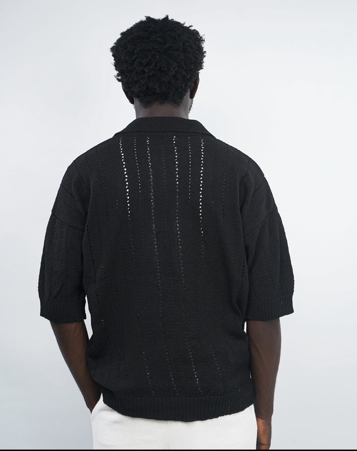 GIESTO oversized crochet knit polo with palm print in black