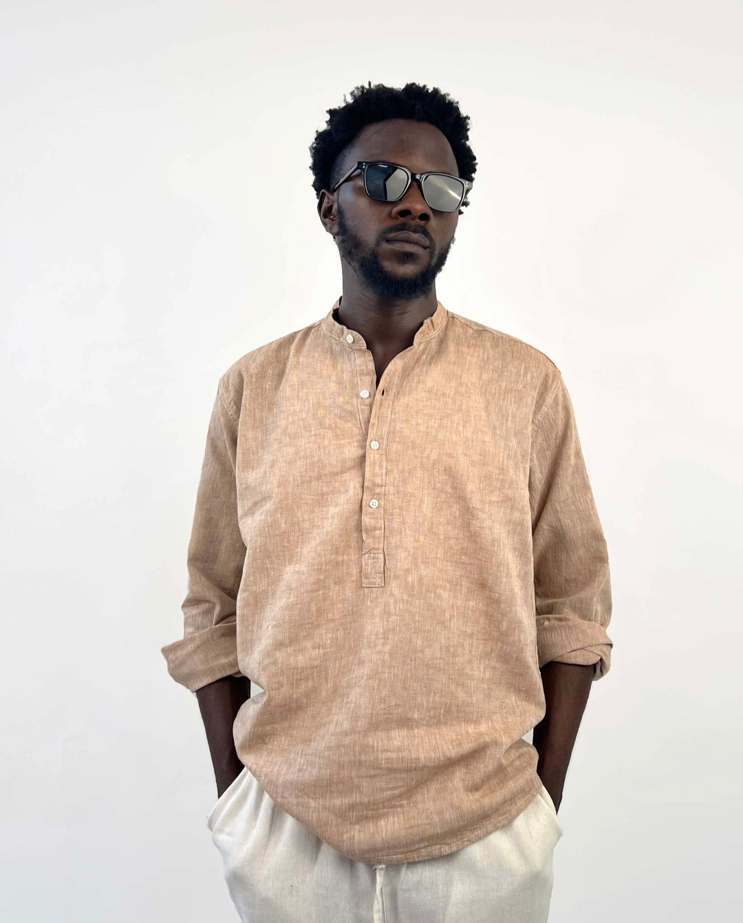 GIESTO linen tab collar shirt in brown