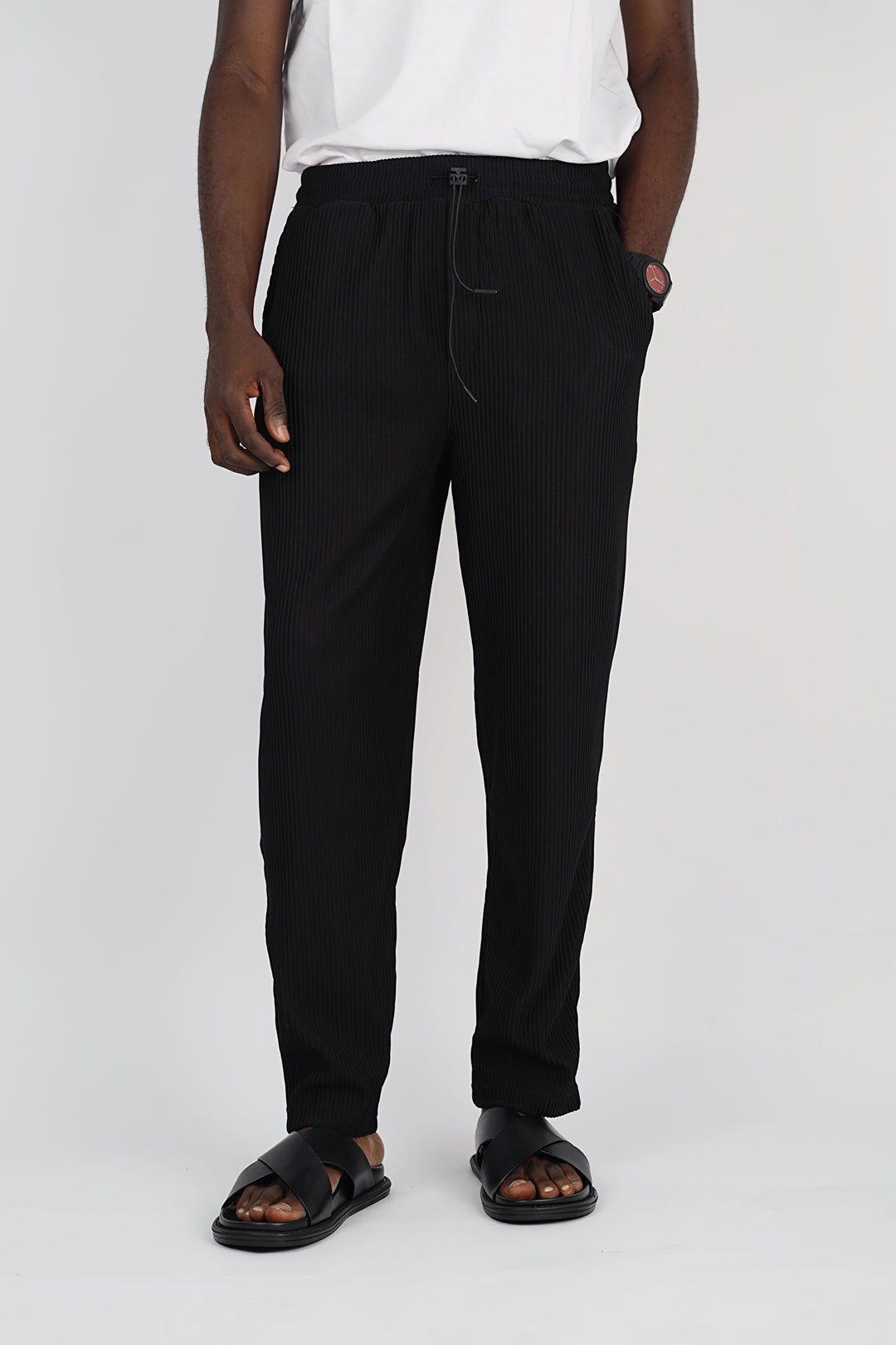 Spruce pleated pants with toggle drawstring in black