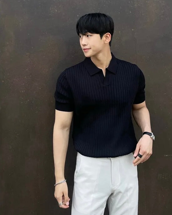 Knit Short Sleeved Slim Fit Polo Shirt black