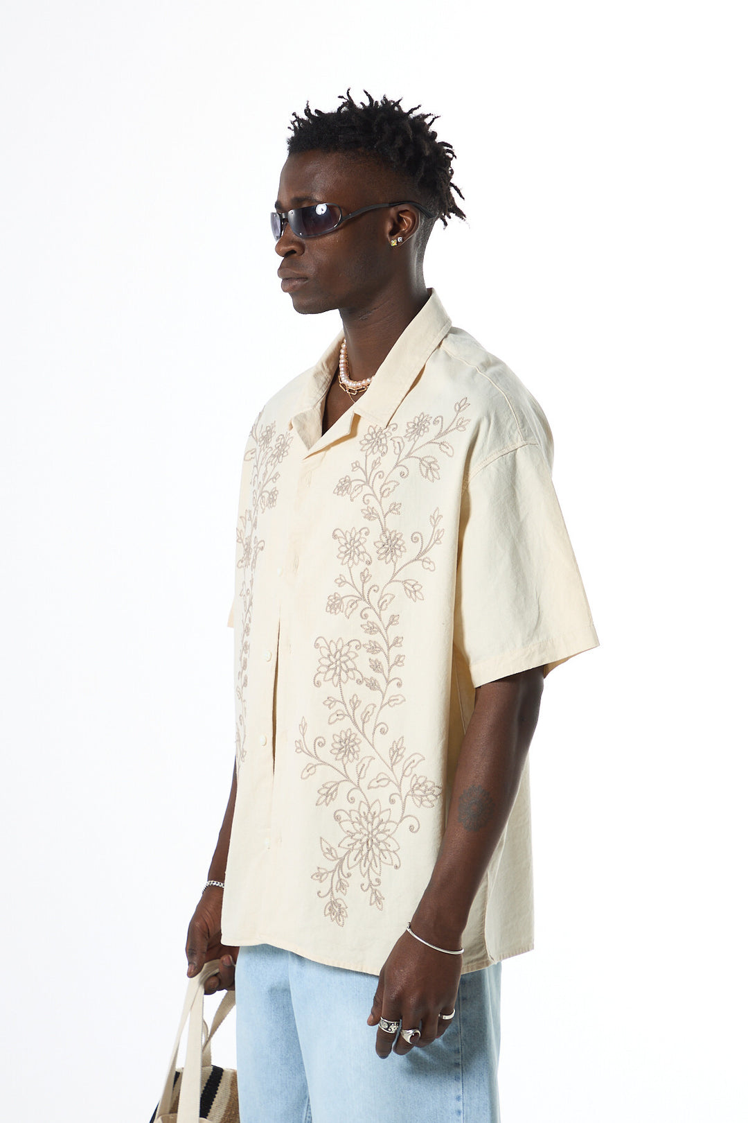 VAMOS FLORAL EMBROIDERED OVERSIZE SHORT SLEEVE LINEN SHIRT BEIGE