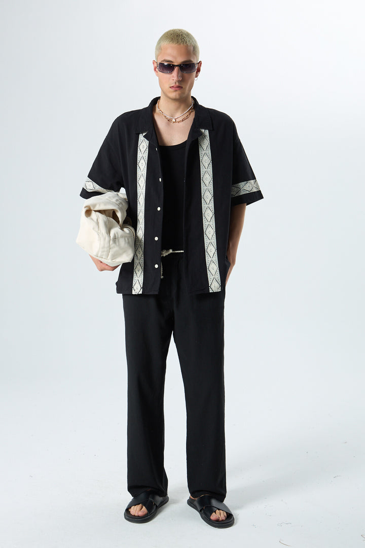 Vamos Embroidered Detailed Oversized Linen Shirt in Black