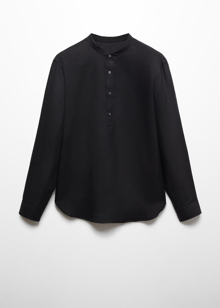 Retro Club Linen Tab Collar Long Sleeve T-shirt in Black