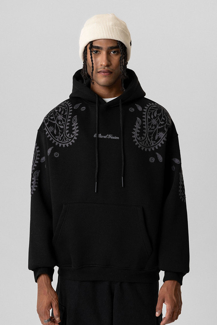 VAMOS PALSLEY PATTERNED OVERSIZE HOODIE BLACK