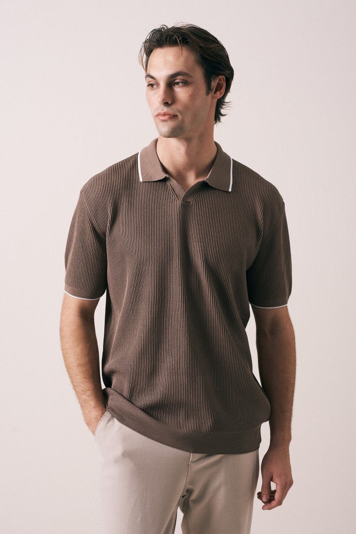 Massimo Collar detail polo shirt in brown