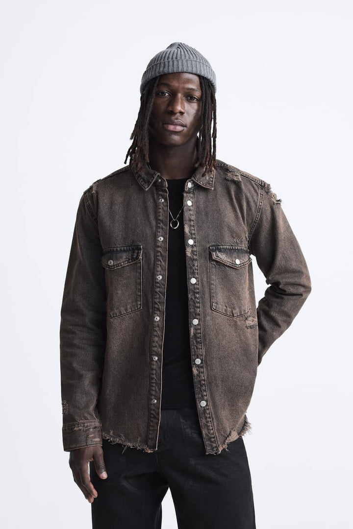 ZARA OVERDYED DENIM OVERSHIRT BLACK/BROWN