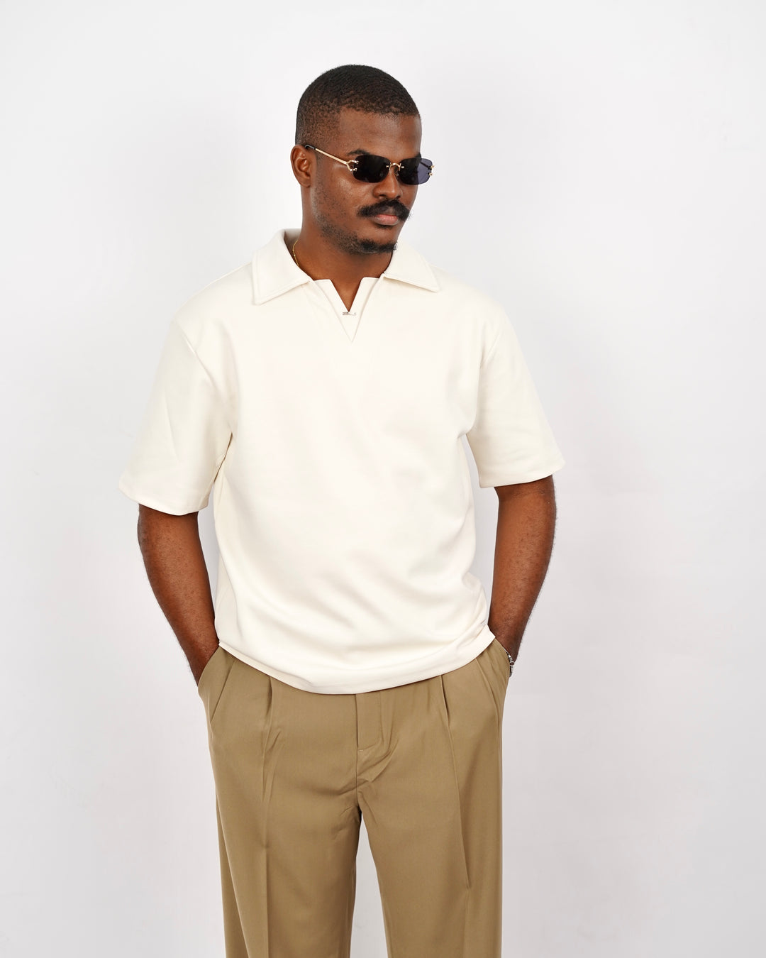 M Studio V neck Polo Shirt in Off White
