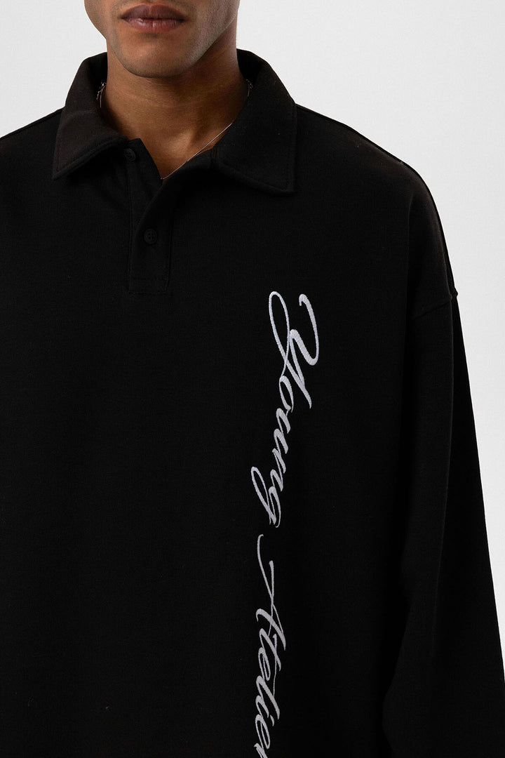 VAMOS POLO COLLAR LETTER DETAILED OVERSIZE SWEATSHIRT BLACK