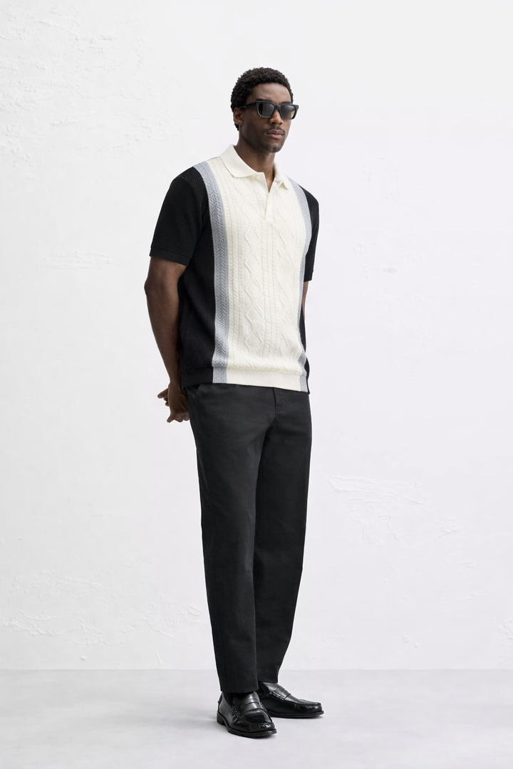 Garm Island Crotchet Knit Bar Striped Polo Shirt in grey/black