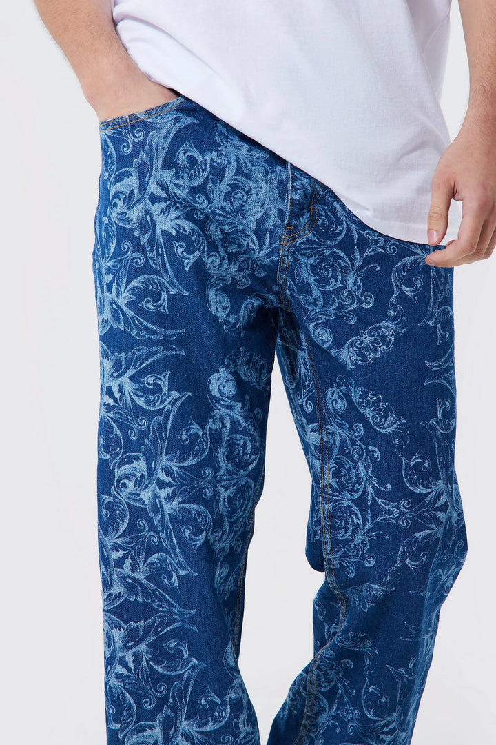 BOOHOOMAN TALL RELAXED FIT BAROQUE PRINT JEANS