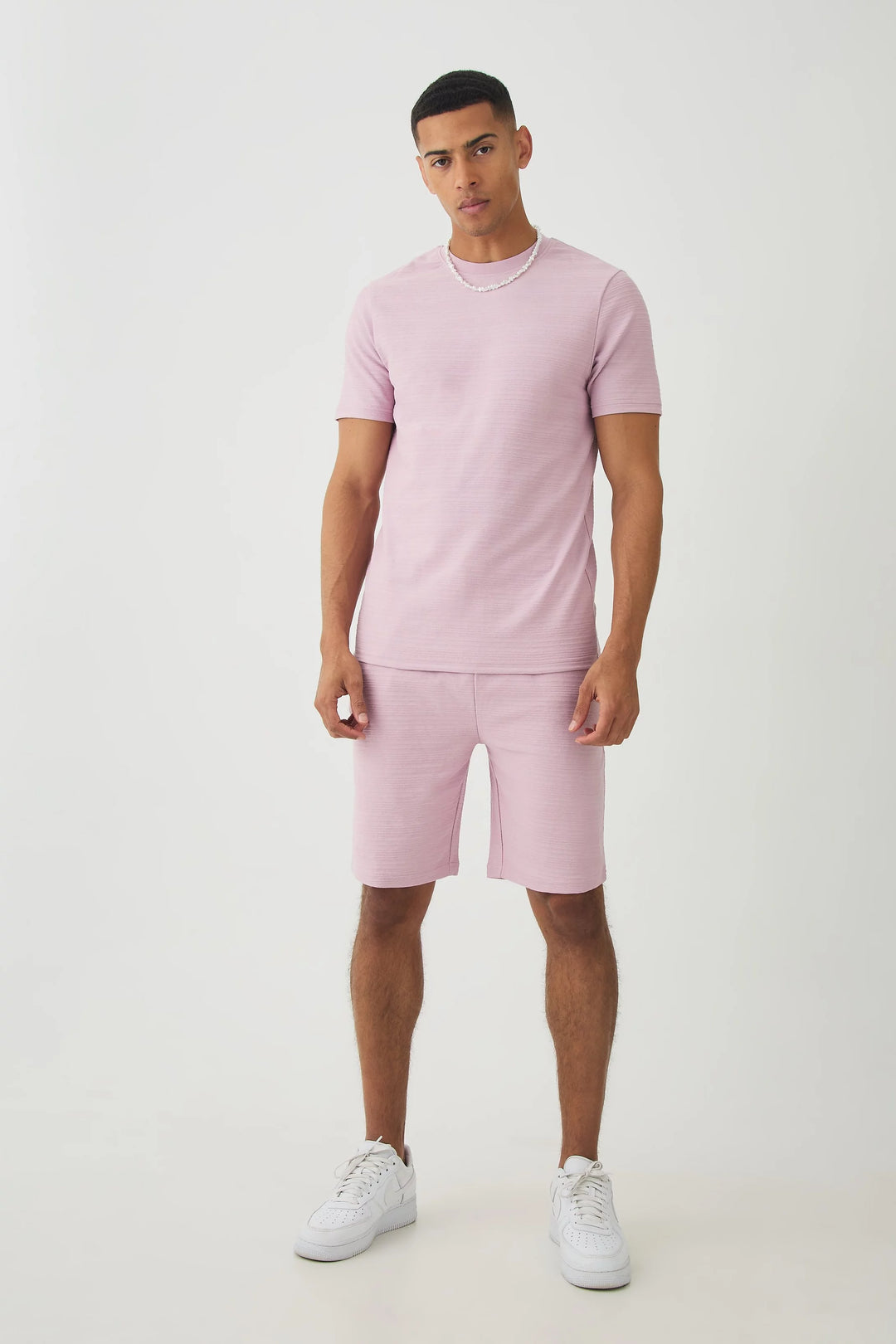 BOOHOOMAN SLIM JACQUARD STRIPE T-SHIRT & SHORT SET