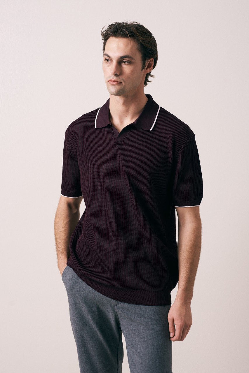 Massimo Collar detail polo shirt in burgundy