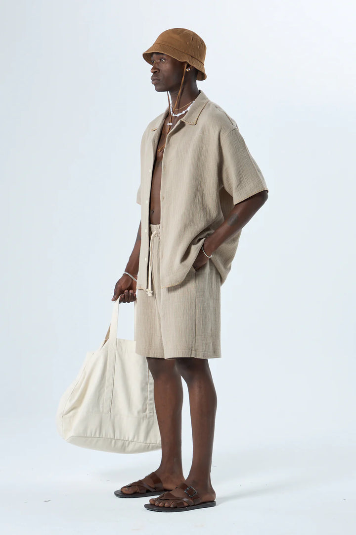 GARM ISLAND SEWING DETAILED OVERSIZE MUSLIN LINEN SHORTS SET KHAKI