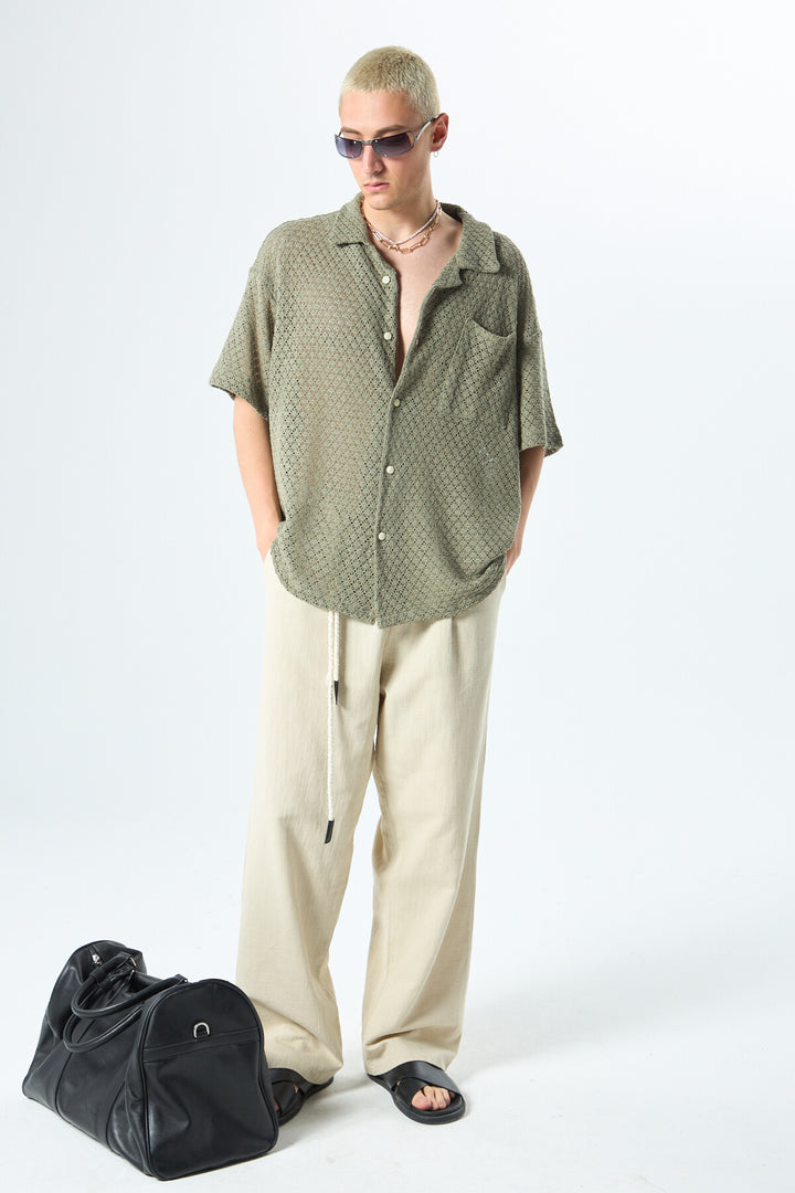 SPRUCE BELT DETAILED OVERSIZE LINEN TROUSERS STONE