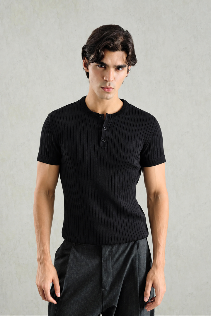 Giesto Henley Shortsleeve Shirt in Black