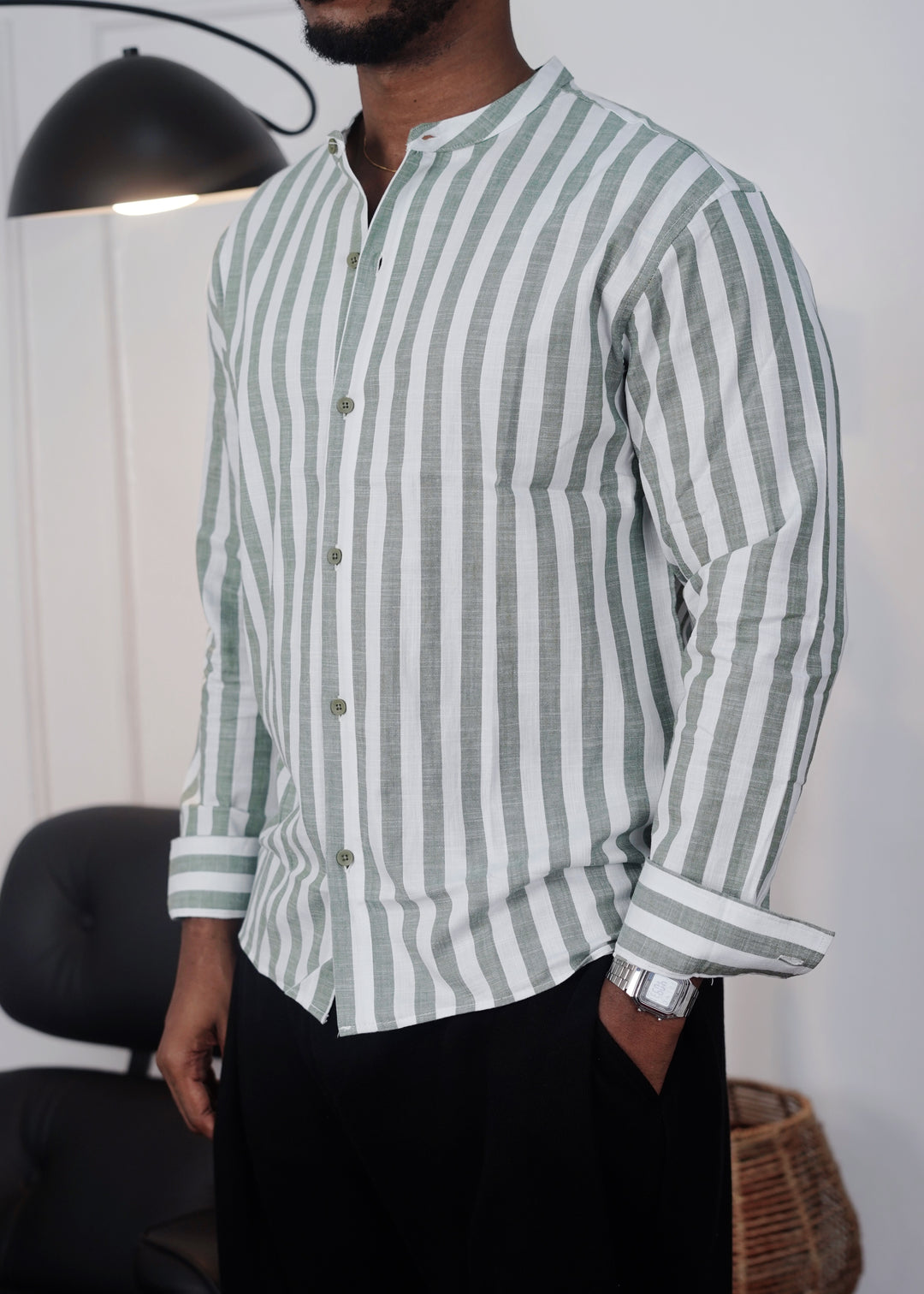 Massimo striped tab collar in green