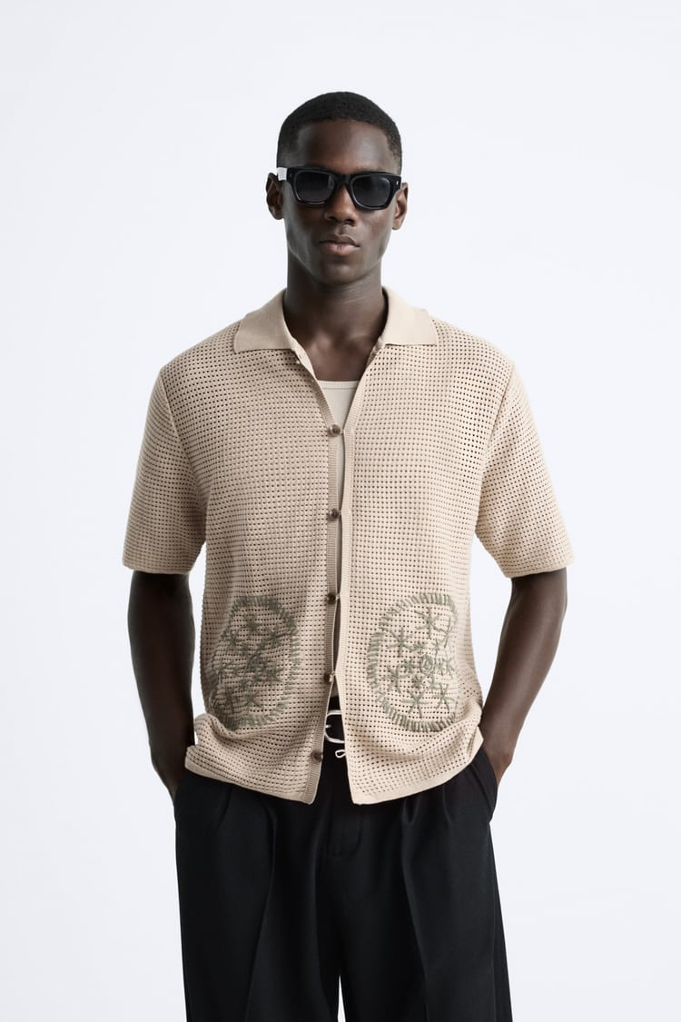 ZARA EMBROIDERED KNIT SHIRT CAMEL