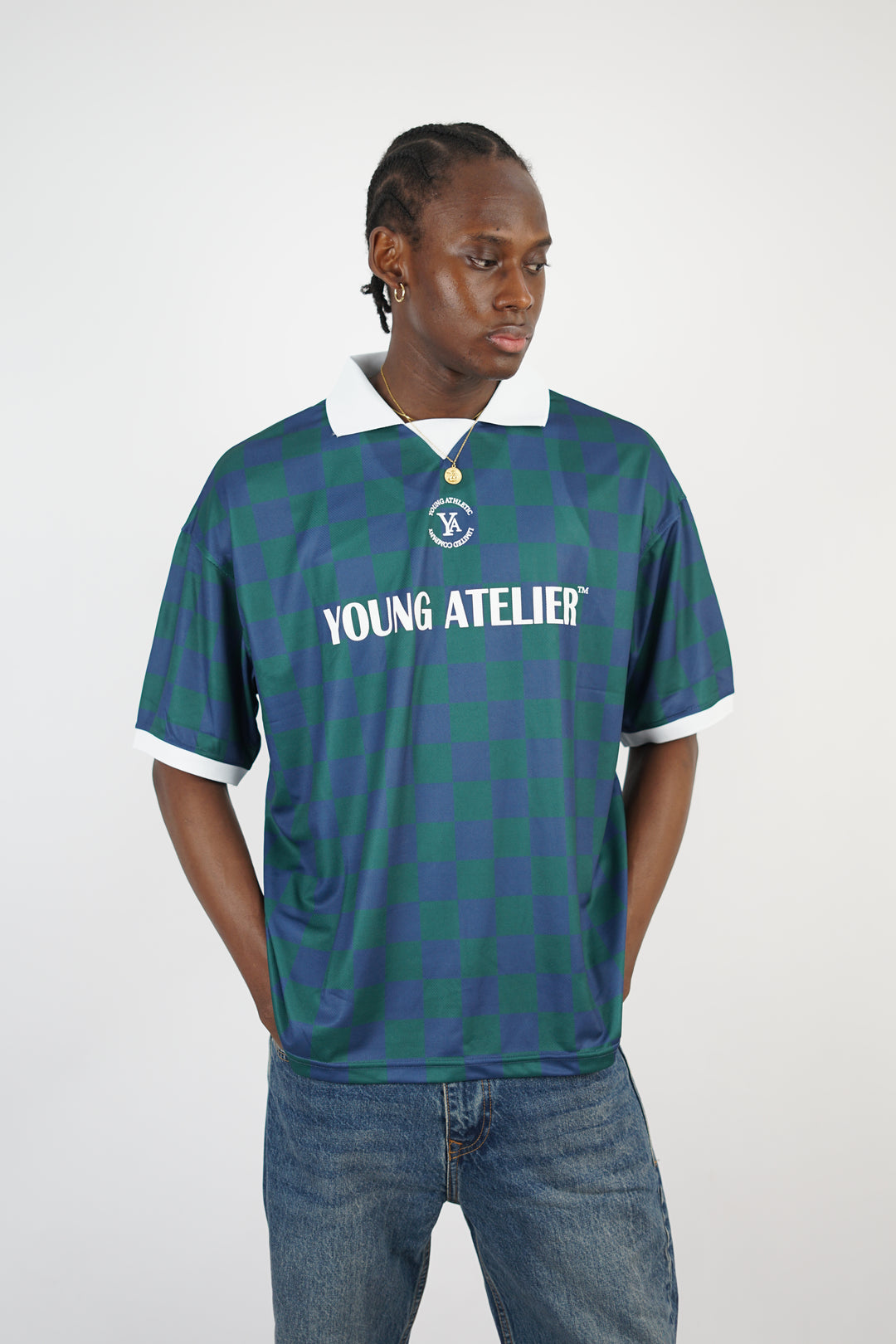 Vamos Atelier Oversize Checkered Jersey T-shirt in Green/Indigo