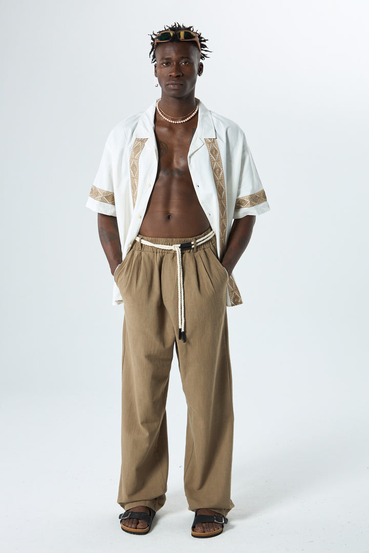 SPRUCE BELT DETAILED OVERSIZE LINEN TROUSERS COFFEE