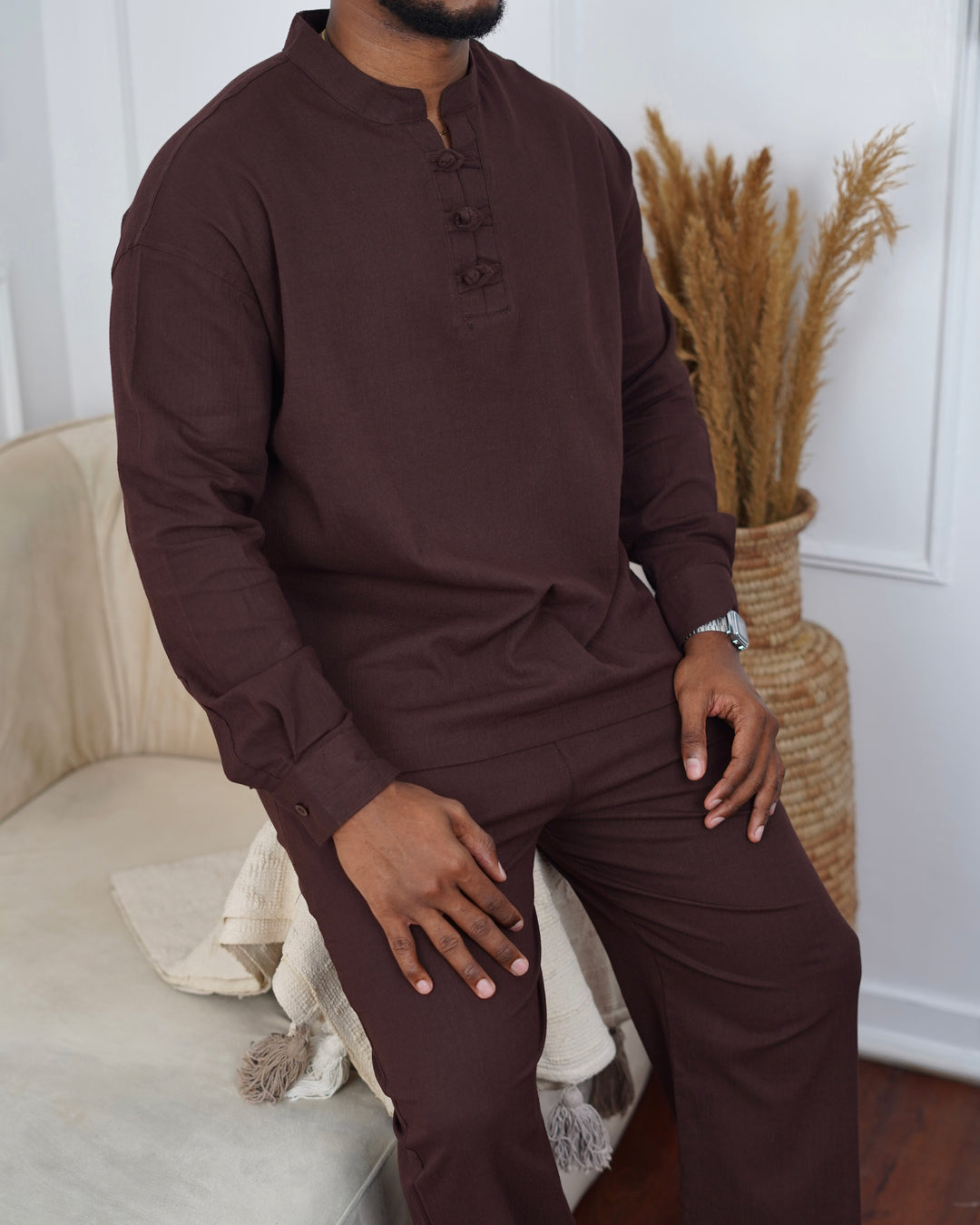 SNEEZY DETAIL LINEN SET IN BROWN