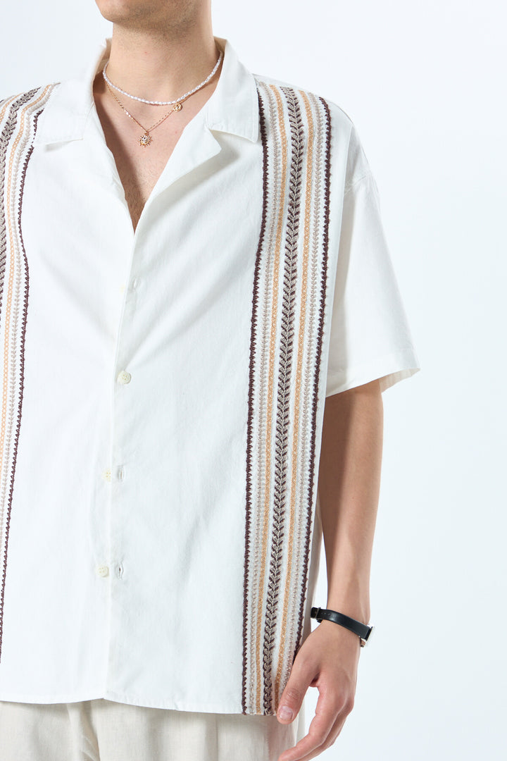 VAMOS EMBROIDERY DETAILED POCKETLESS SHORT SLEEVE OVERSIZE LINEN SHIRT WHITE